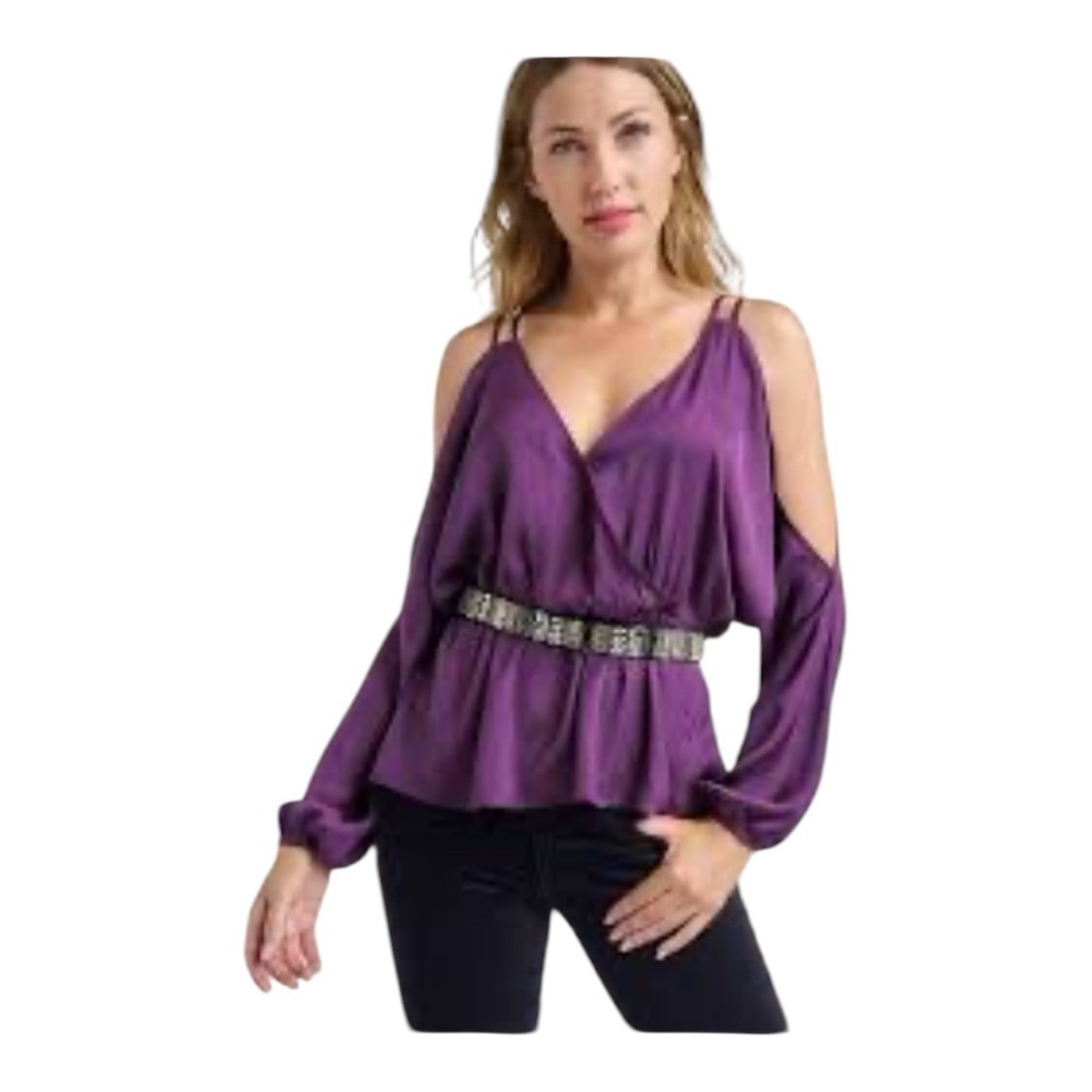 Venus Purple Peplum Blouse with Cut Out Sleeves Size XL (16)